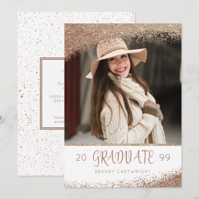 Kupfer und Gold Glitzer Pinselskriptprüfung Einladung (Vorne/Hinten)