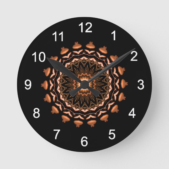 Kupfer und Schwarzes Mandala Muster 1 Runde Wanduhr (Vorderseite)