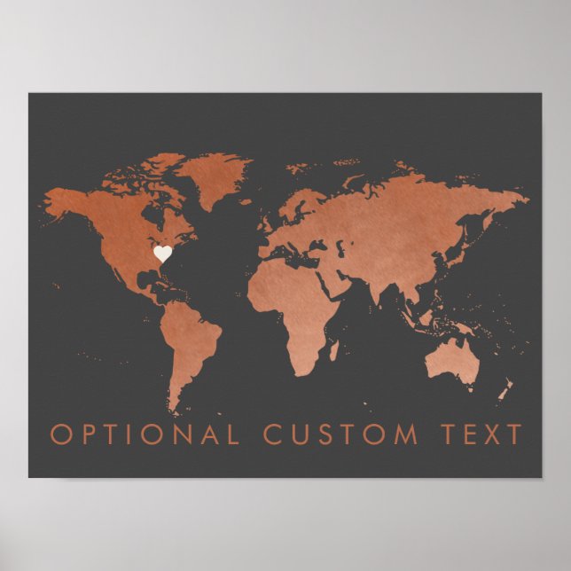 Kupfer Weltkarte Dekoration mit bearbeitbarem Herz (Vorne)