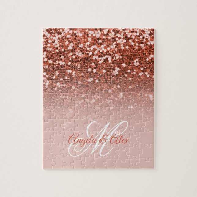 Kupferblush Confetti Glitzer Ombre Monogram Puzzle (Vertikal)