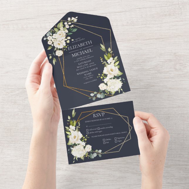 Kupfergeometric Blue White Floral Wedding All In One Einladung (Abreißen)