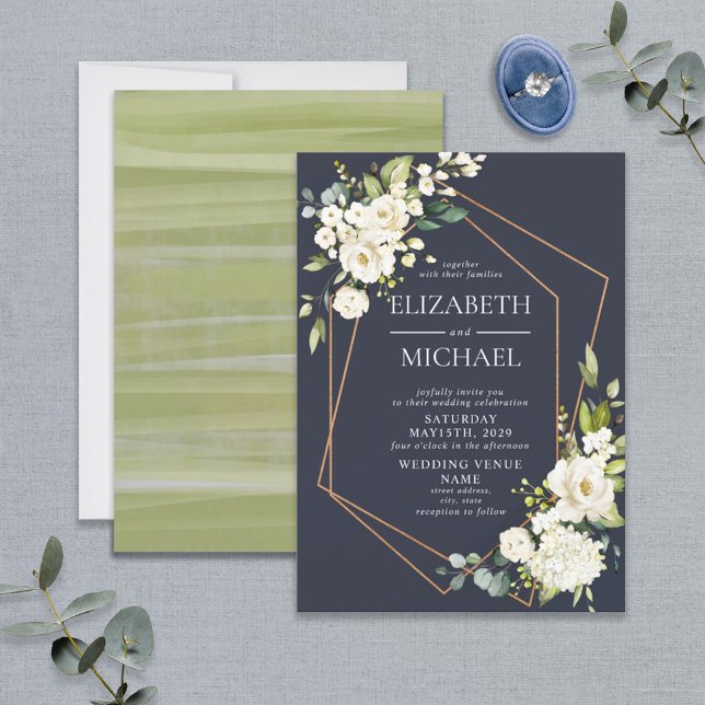 Kupfergeometric Blue White Floral Wedding Einladung (Von Creator hochgeladen)