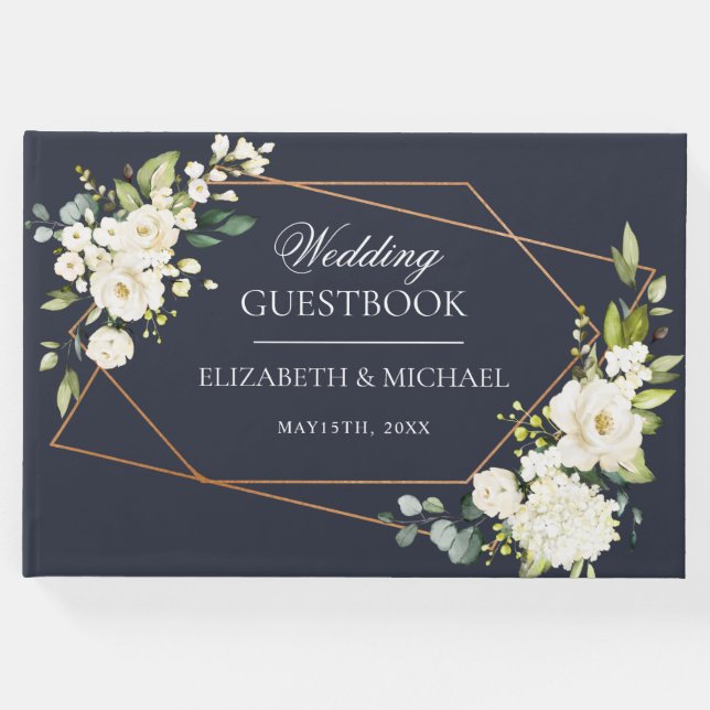 Kupfergeometric Blue White Floral Wedding Gästebuch (Vorderseite)