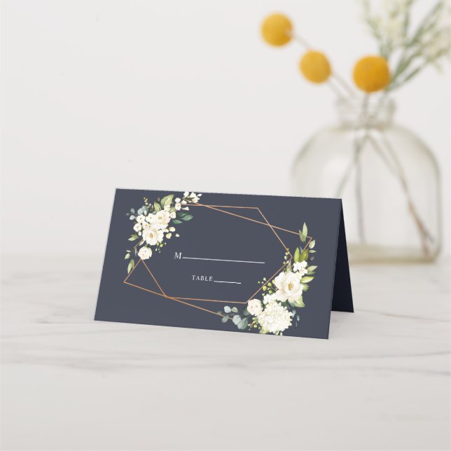 Kupfergeometric Blue White Floral Wedding Platzkarte (Vorderseite)