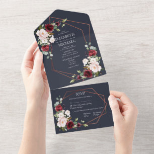 Kupfergeometric Burgundy Blue Floral Wedding All In One Einladung
