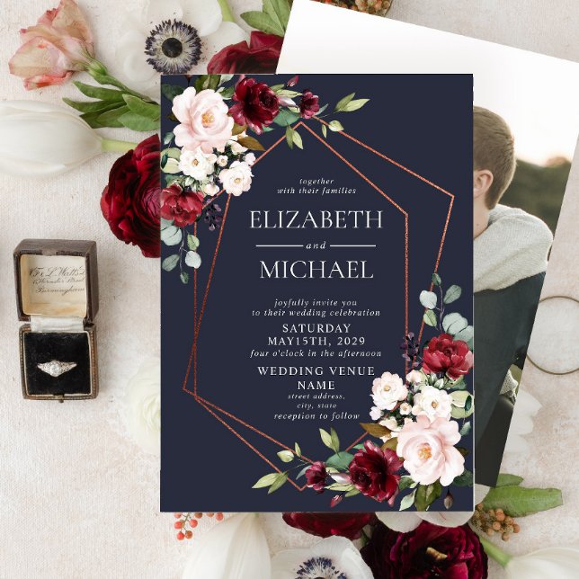 Kupfergeometric Burgundy Blue Foto Wedding Einladung (Von Creator hochgeladen)