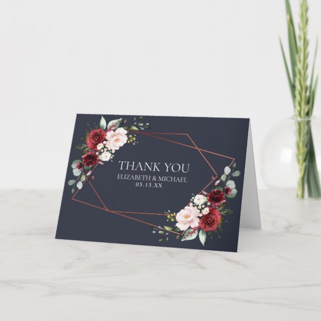 Kupfergeometric Burgundy Blue Foto Wedding Karte (Vorderseite)