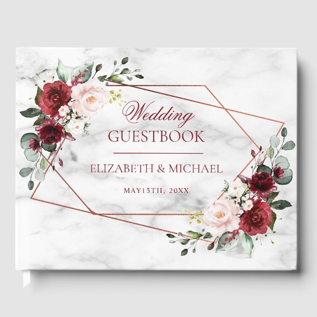 Kupfergeometrische Burgundy-Marmor Elegante Hochze Gästebuch (Vorderseite)