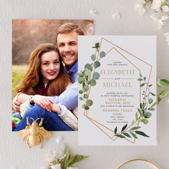Kupfergeometrische Eukalyptus Elegantes Foto Hochz Einladung (Von Creator hochgeladen)