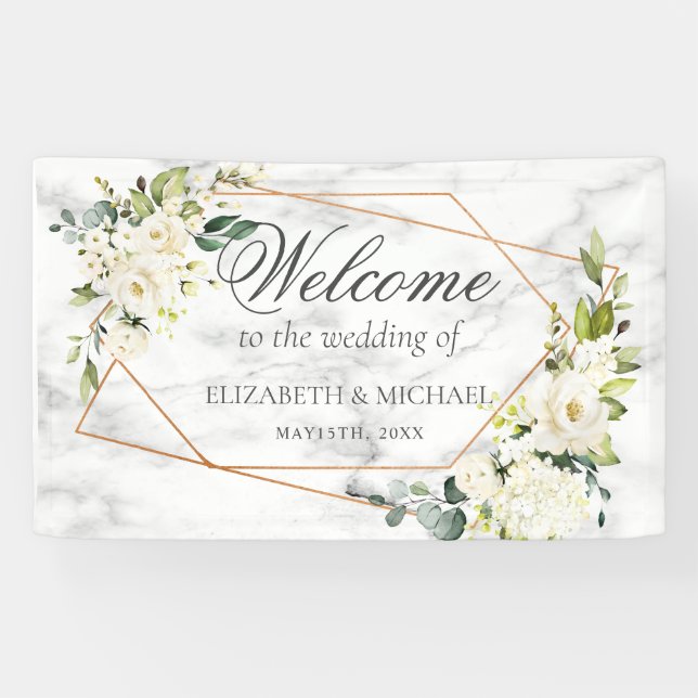 Kupfergeometrische Hochzeit aus weißem Marmor Banner (Horizontal)