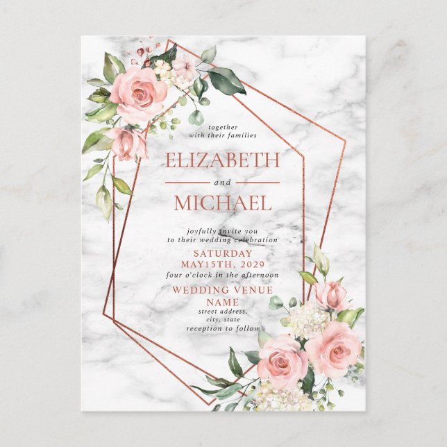 Kupfergeometrische Marmorplatte Rosa florale Postk Ankündigungspostkarte (Vorderseite)