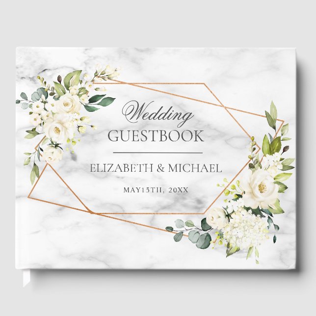 Kupfermarmor Geometric White Floral Wedding Gästebuch (Vorderseite)