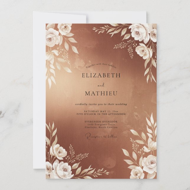 Kupferne Hochzeit mit Blättern Einladung (Vorderseite)