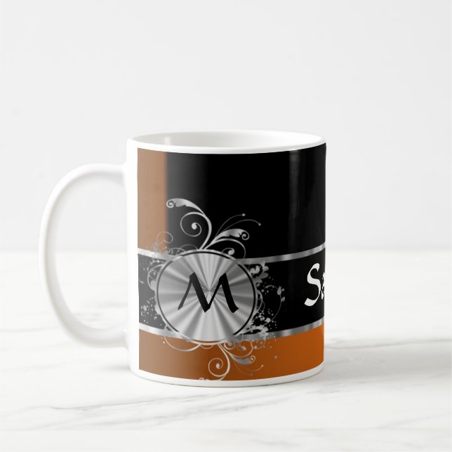 Kupfernes schwarzes und silbernes Monogramm Kaffeetasse (Links)