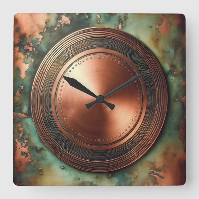 Kupferobjekt und Patina Quadratische Wanduhr (Vorderseite)