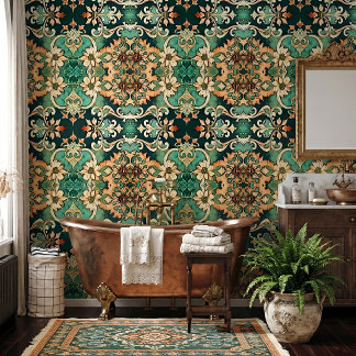 Kupferpatina-Akanthus-Rollo-Damask im Vintage-Stil Tapete