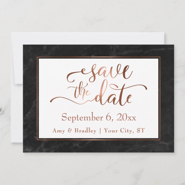 Kupferskript und Schwarzes Marmor Hochzeit speiche Save The Date (Vorderseite)