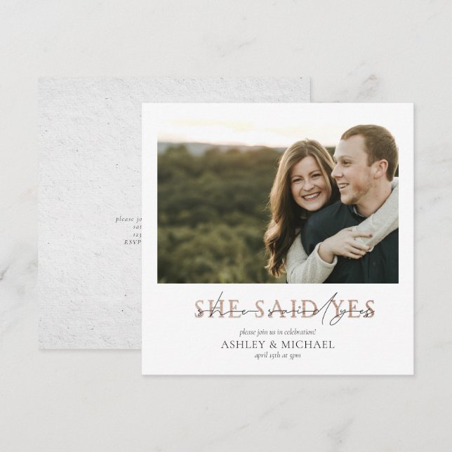 KUPFERTYPOGRAPHIE Sie sagte ja Square Verlobung Einladung (Vorne/Hinten)