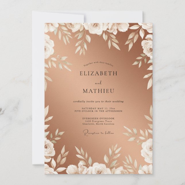 Kupferweiße Blätterhochzeit Einladung (Vorderseite)