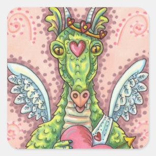 KUPID DRAGON, HERZ UND ARROS FANTASY VALENTINE QUADRATISCHER AUFKLEBER