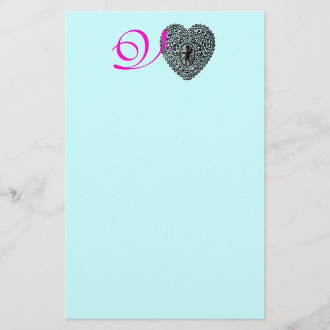 KUPID LACE HERZMONOGRAM, rosa fuchsienblau Briefpapier (Vorderseite)
