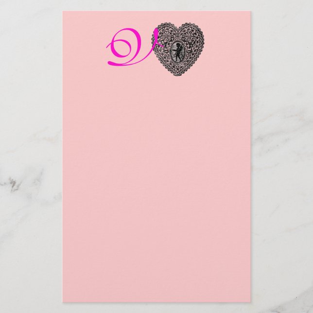 KUPID LACE HERZMONOGRAMM, rosa Fuchsie Briefpapier (Vorderseite)