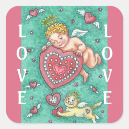 KUPIDS HERZVALENTINSTICKERZEICHEN QUADRATISCHER AUFKLEBER