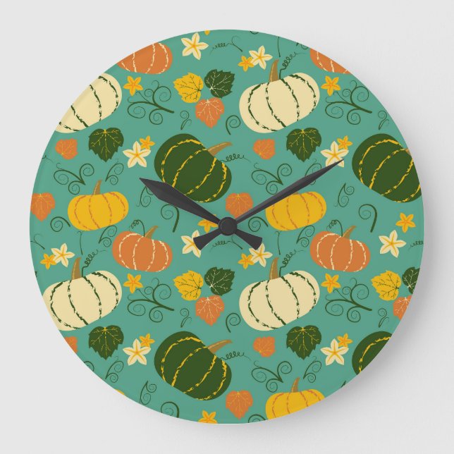 Kürbis, Blätter: Herbstpflanzenmuster Große Wanduhr (Vorderseite)