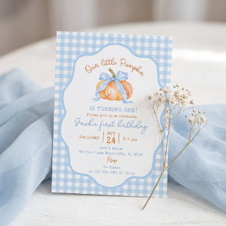 Kürbis Blau Gingham Einladung zum ersten Geburtsta
