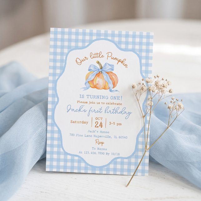 Kürbis Blau Gingham Einladung zum ersten Geburtsta (Von Creator hochgeladen)