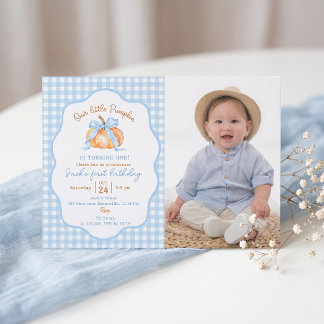 Kürbis Blau Gingham Einladung zum ersten Geburtsta
