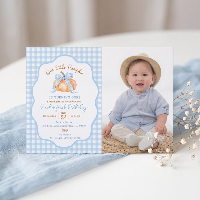 Kürbis Blau Gingham Einladung zum ersten Geburtsta (Von Creator hochgeladen)