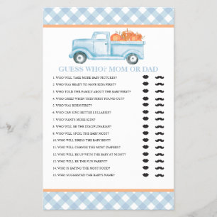 Kürbis-blauer LKW Baby Guess Who Baby Shower Spiel Flyer