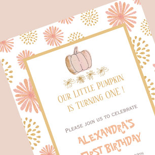 Kürbis-Blumen-Pink-Gold-Halloween 1. Geburtstag Einladung