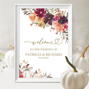 Kürbis Burgunder Floral Herbst Hochzeit Begrüßung Poster