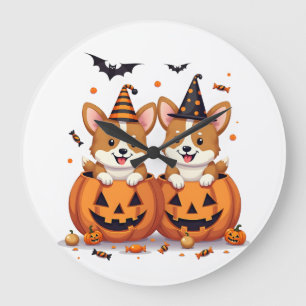 Kürbis-Corgi-Party Große Wanduhr