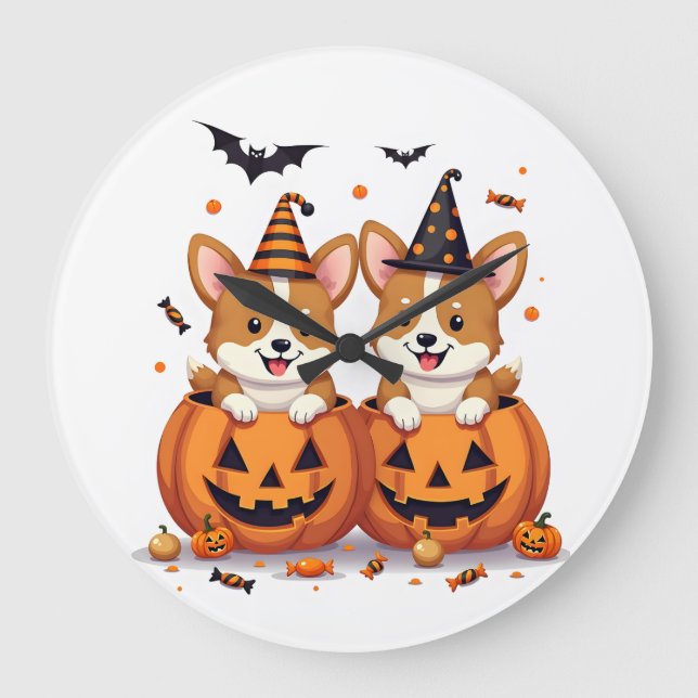 Kürbis-Corgi-Party Große Wanduhr (Vorderseite)