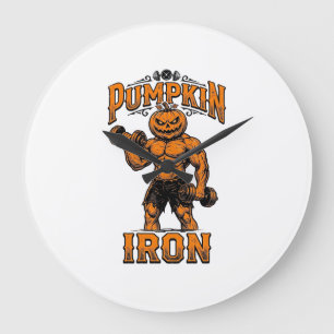 Kürbis Eisen Vintage Bodybuilder Halloween Design_ Große Wanduhr