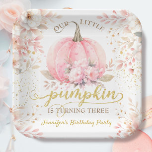 Kürbis-Geburtstagsmädchen Rosa Gold Floral Herbst Pappteller