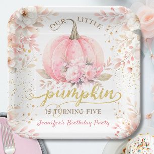 Kürbis Geburtstagsmädchen Rosa Gold Floral Herbst Pappteller