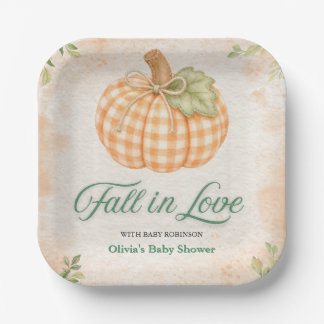 Kürbis Gingham Verlieb dich Baby Shower Pappteller
