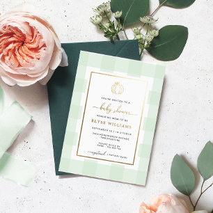 Kürbis Grün Gingham Baby Shower Folien-Einladung Folieneinladung