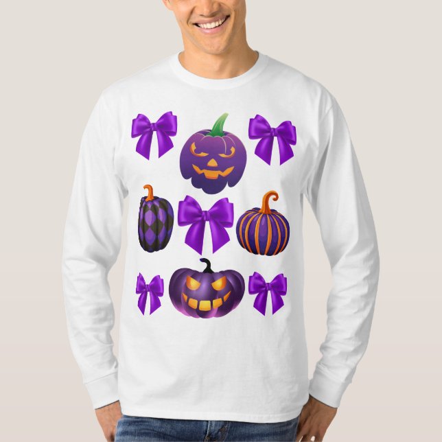 Kürbis Halloween Lila Croquette-Bogen Spaß T-Shirt (Vorderseite)
