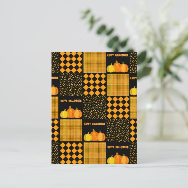 Kürbis-Halloween-Patchwork-Muster Postkarte (Stehend Vorderseite)