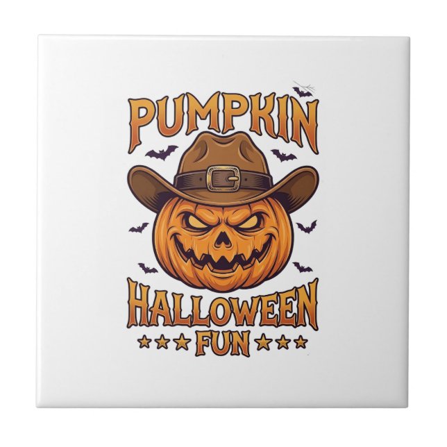 Kürbis Halloween-Spaß Jack Lantern Cowboyhut Flede Fliese (Vorderseite)