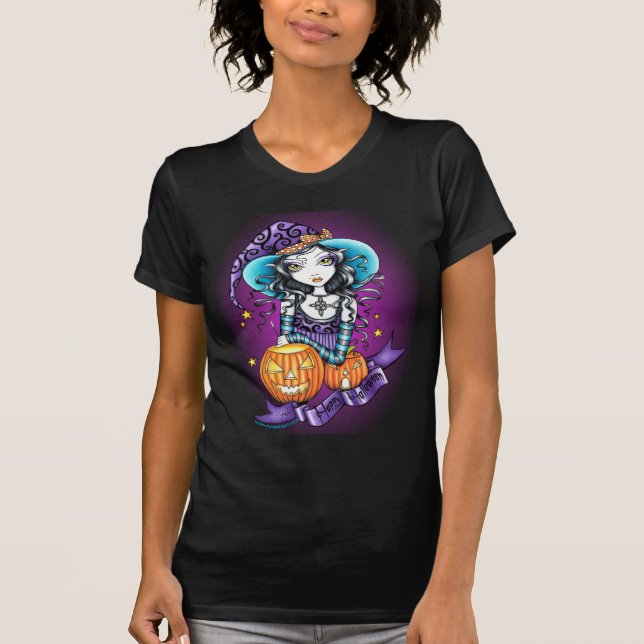 Kürbis-Hexe-Spitze "Lisas" Halloween T-Shirt (Vorderseite)