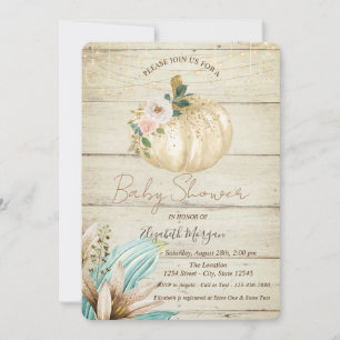Kürbis, Holzoptik, Boho-Blumen Baby Shower Einladung