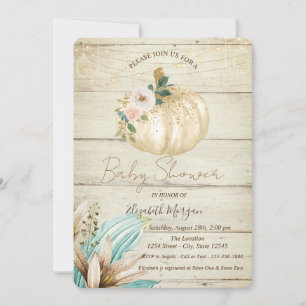 Kürbis, Holzoptik, Boho-Blumen Baby Shower Einladung
