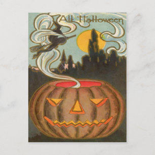 Kürbis Jack O Lantern Hexe Vollmond Postkarte