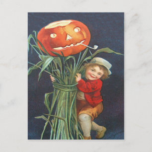Kürbis Jack O Lantern Maisstängel Junge Postkarte